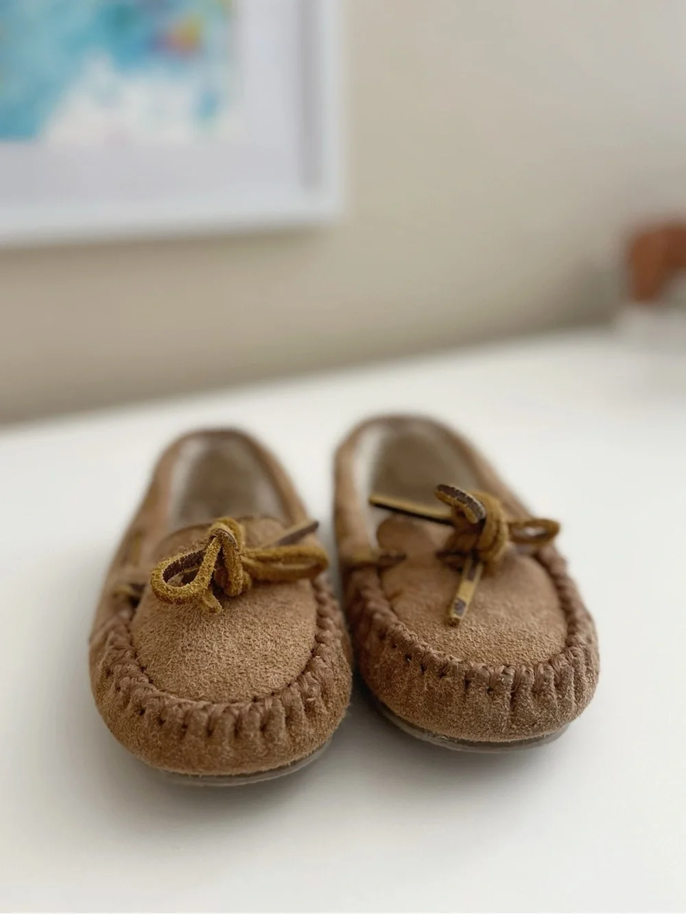 Minnetonka Tan Suede Shearling-Lined Moccasin Slippers